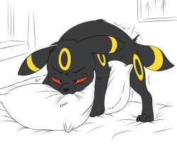 absurd_res bite black_body black_fur blush canid canine digital_media_(artwork) eeveelution feral fur generation_2_pokemon grinding hi_res male mammal masturbation nintendo pillow pillow_bite pillow_humping pokemon pokemon_(species) simple_background sketch solo tail text umbreon whyvern