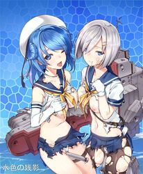 2girls beret big_breasts black_legwear blue_eyes blue_hair blush breasts elbow_gloves gloves hair_ornament hair_over_one_eye hairclip hamakaze_(kantai_collection) hat kantai_collection kuro_(kuronell) large_breasts looking_at_viewer multiple_girls nipples object_insertion one_eye_closed open_mouth pantyhose school_uniform serafuku short_hair silver_hair skirt tears torn_clothes torn_pantyhose torpedo urakaze_(kantai_collection) vaginal_insertion vaginal_penetration white_gloves wink