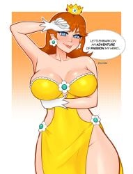 1girls artist_name blue_eyes blush breasts brown_hair cleavage crown dress earrings english_text female flower_earrings gloves large_breasts looking_at_viewer mario_(series) moxridey nintendo princess_daisy short_hair solo solo_female solo_focus text text_bubble thick_thighs thighs tongue white_gloves
