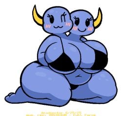 2_heads bbw bikini deadsector ellie_(gruel) fat female gruel horns multi_head overweight overweight_female self_upload text