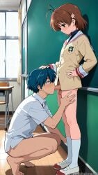 2boys ai_generated blue_hair bottomless brown_eyes brown_hair clannad classroom fellatio femboy furukawa_nagisa genderswap_(ftm) hikarizaka_private_high_school_uniform jacket looking_down male okazaki_tomoya penis rule_63 school_uniform tagme tehmar testicles trap white_shirt yaoi