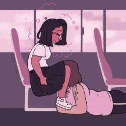 2girls alternate_version_available animated black_hair blowjob blush brown_hair bus crocs cum_on_breasts cum_on_shoulder exhibitionism female/female ghostlyedith glasses lesbian lesbian_sex looping_animation maddie_(meltyautumns) oral original original_character public public_sex public_transportation skirt tanaya_(meltyautumns) trans_woman transgender yuri