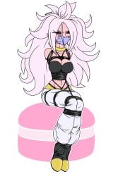 android_21 arms_behind_back arms_bound_behind_back breasts crotch_rope feet_bound feet_tied gag gold_choker gold_collar gold_jewelry legs_tied legs_tied_together legs_together midriff midriff_baring_shirt pink_hair pink_skin raver1357 red_eyes rope rope_between_breasts rope_bondage rope_harness sitting white_pants