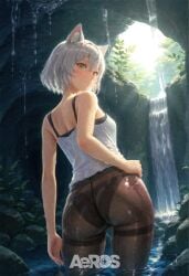 1girls aeros_noctis ai_assisted animal_ears ass ass_focus camisole cat_ears cat_girl cave contrapposto embarrassed female from_behind grey_hair hair_between_eyes hand_on_own_hip looking_at_viewer looking_back mio_(xenoblade) outdoors pantyhose partially_submerged short_hair shy solo solo_focus standing tank_top three-quarter_view upper_body waterfall wet wet_hair white_hair xenoblade_(series) xenoblade_chronicles_(series) xenoblade_chronicles_3 yellow yellow_eyes