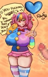 blushed_face clown_girl clussy elawaxd heterochromia pink_hair pixelated_penis puppet