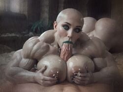 1ambiguous 1girls ai_generated ambiguous_gender ass bald black_nail_polish black_sclera blowjob breasts ejaculation ejaculation_in_mouth eyeshadow faceless_ambiguous fellatio female_on_top green_eyes grey-skinned_female huge_ass huge_cock lactation large_breasts light-skinned_penis lipstick looking_at_viewer monster_girl muscular muscular_female nail_polish oc oiled oiled_body oiled_skin oral oral_penetration oral_sex original_character paizuri penis pierced_ears pov ruins surprised teal_lipstick titfuck titjob