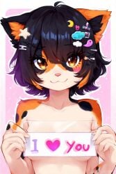 anthro anthro_cat breasts calico_cat cat_ears catgirl sign text