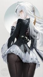 absurdres ahoge ass black_jacket black_pantyhose commentary_request cowboy_shot female from_behind grey_hair hair_ornament hand_up highres jacket long_hair long_sleeves looking_at_viewer looking_back official_alternate_costume pantyhose parted_lips renoahh skirt solo watermark white_skirt yellow_eyes yixuan_(trails_of_ink)_(zenless_zone_zero) yixuan_(zenless_zone_zero) zenless_zone_zero