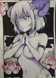 demon_girl demon_horns green_eyes hand-drawn handdrawn_art high_contrast horns innocence innocent lotus_(flower) lotus_blossom original_character purple_skin ram_horn yoga yoga_pose yogi