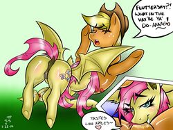 2014 anthro anus applejack ass bat_wings blonde_hair blue_eyes blush cowboy_hat cutie_mark dialog duo english_text equine fangs female fluttershy freckles friendship_is_magic furry furry_only gradient_background hair hat horse long_hair my_little_pony non-anthro open_mouth oral orange_fur pegasus pink_hair plain_background pony pussy pussy_juice sex smile sunnyslash teeth text tongue vaginal_penetration wings yellow_fur yuri