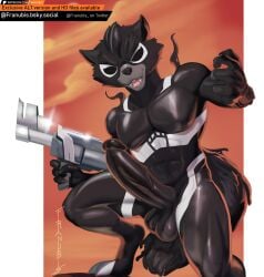 abs alien anthro balls erection franubis genitals guardians_of_the_galaxy gun hi_res humanoid_genitalia humanoid_penis hyper latex male mammal marvel muscular muscular_male pecs penis planet procyonid raccoon ranged_weapon rocket_raccoon slime solo space star symbiote venom venom_(marvel) weapon