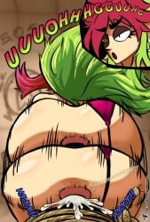 1boy 1girls anal anal_sex big_ass big_breasts black_hot_(villainous) bondage cum cum_in_ass cum_inside demencia_(villainous) dialogue dominant_female drawingsweirdo female female_on_top green_hair hairy_anus heterochromia inminent_sex male multicolored_hair nude orgasm penetration pounding red_hair tagme tattoos underwear villainous