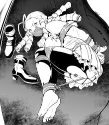 absurdres barefoot bondage bound breasts commission eudetenis female gag glaring greyscale highres improvised_gag kanzuki_karin karin_kanzuki looking_at_viewer lying monochrome pantyhose pussy second-party_source sex_toy soles solo street_fighter tape tape_bondage tape_gag torn_clothes torn_pantyhose