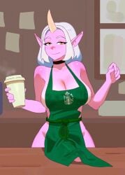 1futa apron apron_only barely_contained barely_contained_breasts barely_contained_penis barely_covered barely_covered_breasts barely_covered_crotch breasts breasts_bigger_than_head bulge celestial_(league_of_legends) cleavage cleavage_cutout eyes_half_closed futa_only futanari goat_girl green_apron hi_res highres holding_cup horn horned_female horned_humanoid huge_breasts huge_cock iced_latte_with_breast_milk iced_latte_with_dick_milk indoor indoors large_penis league_of_legends long_ears long_hair mostly_nude naked_apron penis penis_on_table penis_under_apron pink_skin pointy_ears practically_nude riot_games semi-erect sideboob smiling smiling_at_viewer solo solo_futa soraka starbucks starbucks_barista steam table thick_thighs w_arms white_hair wide_hips yellow_eyes yummi_bunny