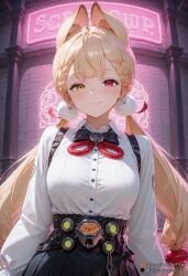 2025 :3 ai_generated alice_thymefield animal_ear_fluff animal_ears bangs black_bow black_bowtie black_skirt blonde_hair blush bow bowtie braid breasts cat_ears closed_mouth collared_shirt extra_ears female female female_focus hair_bobbles hair_ornament heterochromia hoyoverse jewelry large_breasts long_hair long_sleeves looking_at_viewer low_twintails mihoyo neon_lights night nsfw outdoors pleated_skirt red_eyes rognezart shirt skirt smile solo twintails upper_body very_long_hair white_shirt yellow_eyes zenless_zone_zero