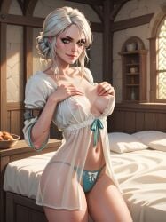 ai_generated bed bedroom breasts cameltoe cd_projekt_red ciri cosmicbounty female green_eyes light-skinned_female lingerie looking_at_viewer mascara nightie nipples panties scar solo solo_female the_witcher_(series) the_witcher_3:_wild_hunt transparent_clothing watermark white_hair