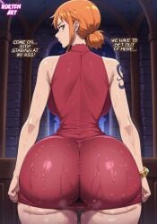 1girls 2025 ai_generated big_ass big_breasts bubble_butt caked_up d-art_style dat_ass dress dumptruck_ass fat_ass female female_only looking_at_viewer looking_back nami_(one_piece) one_piece orange_eyes orange_hair rokten_art sweat sweatdrop sweating tattoo text thick_thighs tight_clothing tight_dress