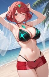 1girl ;) ;\\\\\\\\) ai-created ai_generated armpits arms_behind_head arms_up bangs bare_shoulders beach bikini black_bikini black_shorts black_swimsuit blue_sky blush breasts chest_jewel choker clavicle cleavage closed_mouth clothing cloud cowboy_shot crown day drop_earrings earrings eyebrows female female_only gem halterneck headpiece headwear high_resolution highleg highleg_bikini highleg_swimsuit homura_(xenoblade_2) jewelry large_breasts looking_at_viewer micro_shorts midriff navel ocean one_arm_up one_eye_closed open_fly outdoors palm_tree portrait pyra_(xenoblade) red_bikini red_eyes red_hair red_shorts red_swimsuit rena_aikawa_(pixiv_user) sand see-through shore short_hair short_shorts shorts skindentation sky smile solo standing stomach string_bikini swept_bangs swimsuit thick_thighs thigh_gap thighs tiara tree unzipped water wet wink xeno_(series) xenoblade_(series) xenoblade_chronicles_2 zipper