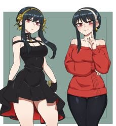 1girls bare_shoulders black_dress black_hair busty earrings female hairband hyyun hyyun_ho light-skinned_female light_skin red_eyes short_dress spy_x_family thighs tights yor_briar yor_forger