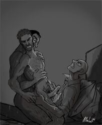 anal anal_sex balaclava camiluna27 chest_hair cowgirl_position double_penetration gay gay_sex greyscale medic_(team_fortress_2) sniper_(team_fortress_2) spy_(team_fortress_2) sweat team_fortress_2 threesome yaoi