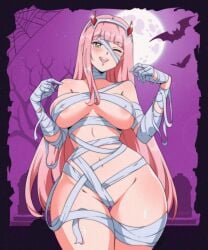 1girls ;d areola_slip artist_name bandages bare_shoulders bat_(animal) black_border blush border breasts commentary cowboy_shot darling_in_the_franxx full_moon green_eyes hairband highres horns large_breasts long_hair looking_at_viewer moon mummy_costume naked_bandage navel one_eye_closed open_mouth outside_border pink_hair purple_background red_horns silk smile solo spider_web teeth thick_thighs thighs upper_teeth_only vizaz white_hairband zero_two_(darling_in_the_franxx)