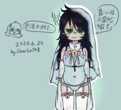 1boy adult bell black_hair blue_clothing blush bow charlie748 cute_face femboy green_eyes long_hair male no_sex oc original_character pretty_boy tights unhappy white_cuffs white_legwear