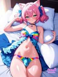 1boy :3 ai_assisted ai_generated animal_ears aqua_eyes bed bed_sheet blue_bow blush bow bulge cat_ears choker collarbone cushion dakimakura_(medium eyebrows_visible_through_hair flirtzy.ai frilled_pillow futon hairbow head_on_pillow heart heart_pillow holding_pillow lying male male_focus navel on_back on_bed otoko_no_ko panties penis pillow pillow_grab pillow_hug pink_hair smile underwear yes yes-no_pillow