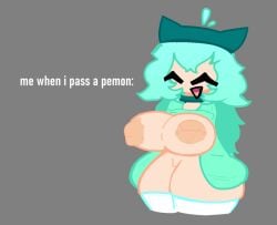 almost_naked big_ass big_breasts big_butt cyan_hair english_text gacha gacha_heat geometry_dash happy happy_face koracaesh original_character simple_background simple_coloring sweater text thighhighs white_skin
