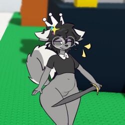 big_ass big_thighs chubby chubby_male dog_tail furry furry_male gray_body grey_skin holding_sword male male_only no_artist_signature no_watermark roblox_background sfw small_hips solo suggestive tongue_out unknown_artist wink winking