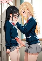 2futas ai_generated big_penis black_hair blonde_hair bullying charv classroom futa_on_futa futa_only futadom futanari glasses nerd school_uniform small_penis