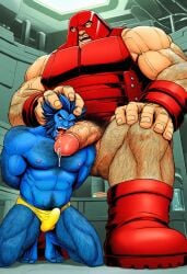 2boys ai_generated angry anthro bara barefoot beast_(x-men) blue_body blue_fur defeated defeated_hero feet fellatio furry hand_on_head human human_on_anthro juggernaut large_penis licking_penis looking_down male marvel muscular muscular_male sitting size_difference smiling speedo x-men yaoi