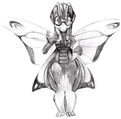 1girls 4_eyes abdomen antennae bug butterfly glasses insect insects monochrome monster_girl moth moth_girl mothra multi_eye obakawaii pencil sayoko scales short sketch solo traditional wings