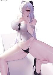 1girls big_breasts cinderella_(nikke) female footwear goddess_of_victory:_nikke hair_over_one_eye hair_ribbon high_heels large_breasts legs_apart legs_spread parkhopeless red_eyes red_eyes_female ribbon shoes spread_legs spreading_legs spreading_thighs thong white_eyebrows white_hair white_hair_female
