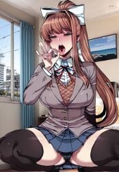1girls ai_generated big_breasts blush breasts brown_hair doki_doki_literature_club fellatio_gesture female female_focus female_only fully_clothed green_eyes large_breasts looking_pleasured monika_(doki_doki_literature_club) open_mouth ponytail school_uniform schoolgirl seductive_look squatting thick_thighs thighs tongue tongue_out