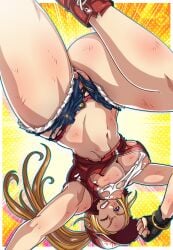 black_panties blonde_hair blue_eyes breasts cleavage denim denim_shorts fatal_fury female fingerless_gloves genderswap genderswap_(mtf) gloves hat highres jacket legs open_fly panties rule_63 sano-br shirt shoes shorts sneakers snk snk_heroines:_tag_team_frenzy solo terry_bogard the_king_of_fighters underboob underwear white_shirt