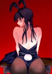 1girls absurdres ass back black_hair blue_eyes chainsaw_man crck desk fishnet_pantyhose fishnets highres huge_ass jewelry mitaka_asa necklace pantyhose playboy_bunny school_desk solo