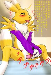 3_fingers anthro bandai_namco bed black_nose blush breasts canine chest_tuft claws clitoris digimon digimon_(species) dildo drooling elbow_gloves female fid fox fur furry gloves green_eyes half-closed_eyes insertion japanese_text masturbation open_mouth penetration pussy pussy_juice raised_tail renamon room saliva sex sex_toy sitting small_breasts solo spread_legs spreading steam sweat teeth text tongue tongue_out toy translation_request trembling tuft vaginal_insertion vaginal_masturbation vaginal_penetration vibrator wet_pussy white_fur yellow_fur yin_yang