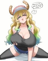 1girls baseball_cap blonde_hair blue_highlights burnt_green_tea busty cleavage english_text green_highlights heterochromia horns huge_breasts jean_shorts light-skinned_female light_skin looking_at_viewer lucoa lucoa_(maidragon) miss_kobayashi's_dragon_maid quetzalcoatl_(dragon_maid) speaking_to_viewer speech_bubble thighhighs thighs white_background