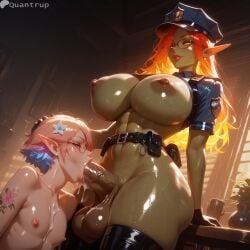 1boy 1futa 2d abs ai_generated big_breasts big_lips blowjob breasts cock cum cum_in_mouth dick duo elf elf_ears femboy futa_on_male futanari intersex male penis quantrup sex