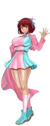 belt black_background bow bowtie breasts brown_hair cg chiho_(hentai_heroes) dark-skinned_female dark_skin dress female full_body green_eyes hair_ribbon hairbow hand_on_own_hip hentai_heroes kinkoid large_breasts long_sleeves looking_at_viewer official_art parody pink_dress pink_footwear pink_jacket red_hair shoes short_dress short_hair skirt smile socks solo standing thick_thighs thighs transparent_background waving wide_hips