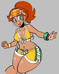 1girls bikini blue_eyes bra brown_hair choker earrings female female_only freckles jamcassette mario_(series) nintendo ponytail princess_daisy princess_daisy_(swimwear) shorts tan_body tanned_female thong wide_hips