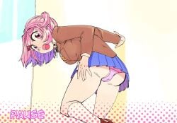 box_chan doki_doki_literature_club female flesh_fang fully_clothed imminent_sex natsuki_(doki_doki_literature_club) oerba_yun_fang open_mouth panties paused pink_eyes pink_hair pink_panties school_uniform schoolgirl schoolgirl_uniform upskirt