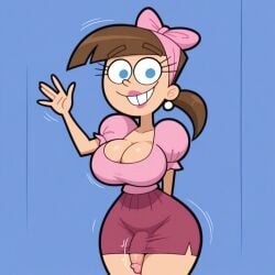 accurate_art_style aged_up ai_generated big_breasts blue_eyes bow brown_hair cleavage curvy_figure futanari headband nickelodeon older penis ponytail the_fairly_oddparents timantha timmy_turner wide_hips
