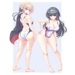 2girls absurdres arena_(company) ass astra_yao barefoot black_cape black_hair blonde_hair braid breasts cape cleavage commentary_request competition_swimsuit cowboy_shot earrings evelyn_chevalier full_body hair_ribbon hairband highleg highleg_one-piece_swimsuit highres jewelry large_breasts logo long_hair looking_at_viewer looking_back multiple_girls one-piece_swimsuit purple_eyes red_eyes ribbon short_hair swimsuit tong_shui two-tone_swimsuit uneven_bangs white_hairband white_one-piece_swimsuit zenless_zone_zero
