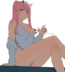 1girls absurdres anime_coloring arm_support breasts closed_mouth clothes_lift commentary commission darling_in_the_franxx eyeshadow green_eyes hairband high_ponytail highres horns kagironsfw lifting_own_clothes long_hair long_sleeves looking_at_viewer makeup nipples one-piece_swimsuit one_breast_out pink_eyeshadow pink_hair ponytail red_horns shirt simple_background sitting smile solo swimsuit swimsuit_lift thighs twitter_username white_background white_hairband white_one-piece_swimsuit white_shirt zero_two_(darling_in_the_franxx)