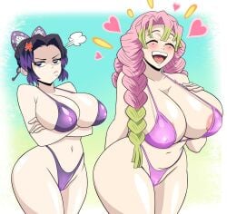2girls anger_vein areola_slip areolae arms_crossed arms_crossed_under_breasts big_breasts bikini bikini_bottom bikini_top black_hair bottomwear breast_envy breast_focus breasts cleavage closed_eyes crossed_arms demon_slayer female female_only green_highlights grimphantom hair hair_ornament hair_ribbon heart hearts hips huge_breasts jealous kanroji_mitsuri kimetsu_no_yaiba kochou_shinobu large_breasts mole mole_under_eye pink_bikini pink_hair purple_bikini purple_eyes purple_highlights smile swimwear thighs topwear wide_hips