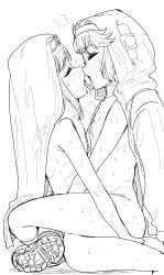 2boys absurdres blush bridget dual_persona french_kiss from_side greyscale guilty_gear guilty_gear_strive guilty_gear_xx highres hood hood_up hooded_jacket jacket kaiman_garupan kissing leg_lock male_focus monochrome multiple_boys nipples nude nun open_mouth selfcest shoes sitting straddling tongue tongue_out trap upright_straddle yaoi