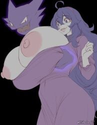 1girls areolae artist_name black_background breast_grab breasts breasts_out female female_focus game_freak haunter hex_maniac light-skinned_female light_skin massive_breasts nipples pokemon pokemon_(species) pokemon_xy purple_hair simple_background timeless-t
