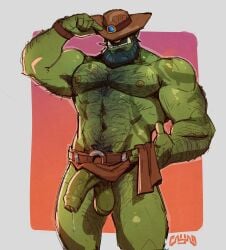 5_fingers areola arm_hair armpit_hair balls beard belly_hair black_beard black_facial_hair bodily_fluids body_hair bottomwear bottomwear_aside chest_hair clothed clothing clothing_aside covered_eyes cowboy_hat dripping facial_hair facial_piercing fingers foreskin genital_fluids genitals glans green_body green_skin hairy half-erect happy_trail hat headgear headwear hi_res humanoid humanoid_genitalia humanoid_penis leg_hair loincloth loincloth_aside male male/male muscular muscular_humanoid muscular_male navel nipples nose_piercing nose_ring not_furry obscured_eyes orc penis piercing precum precum_drip ring_piercing simple_background smile solo standing teeth tipping_hat topless topless_humanoid topless_male tusk_ring tusks tusky_rayan_(artist) wristband