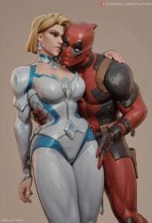 ai_generated bad_anatomy blonde_eyebrows blonde_female blonde_hair blue_lipstick bob_cut couple_(romantic) couple_love deadpool emma_frost emma_frost_(marvel_rivals) eyebrows female hair_behind_ear light-skinned_female light_skin marvel marvel_comics marvel_rivals mature mature_female medium_hair milf muscular muscular_arms muscular_female smile smiling thick_legs wade_wilson white_queen x-force x-men